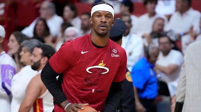 Miami Heat forward Jimmy Butler warms up before Game 4 of the NBA Finals.